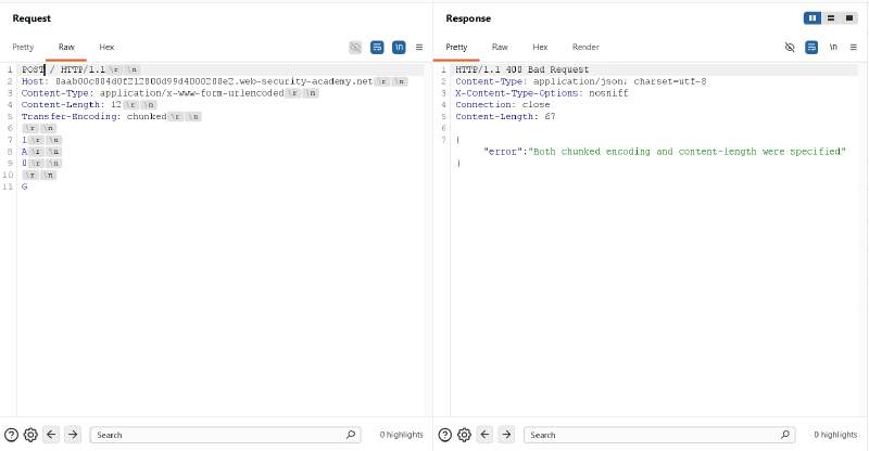 Figure 2: Front-end blocks native HTTP/1.1 ambiguous request with HTTP 400 Bad Request