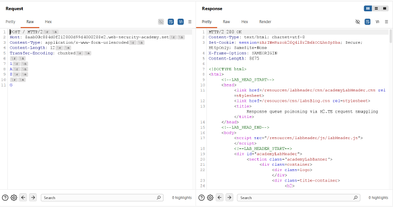 Figure 3: Front-end accepts HTTP/2 request with Transfer-Encoding header, returning HTTP 200 OK
