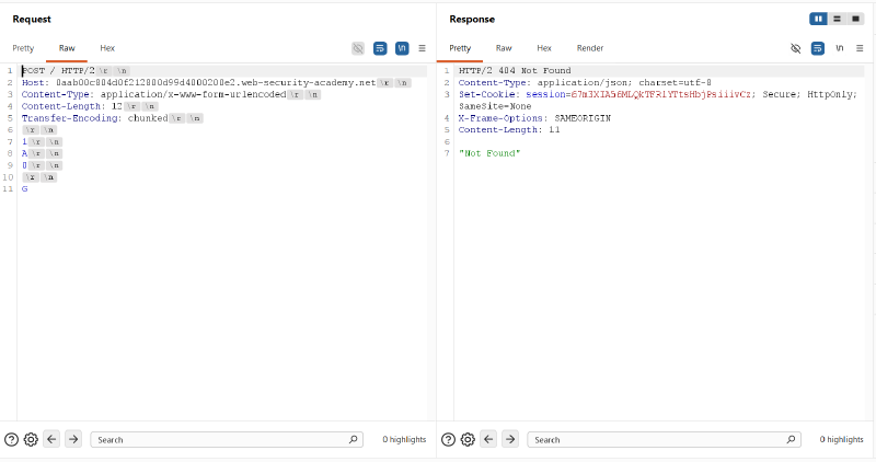 Figure 4: Follow-up request returns HTTP 404 Not Found due to GPOST routing failure, confirming H2.TE