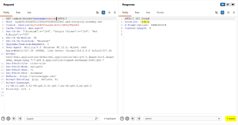 Figure 8: Invoking administrative endpoint to successfully delete user carlos