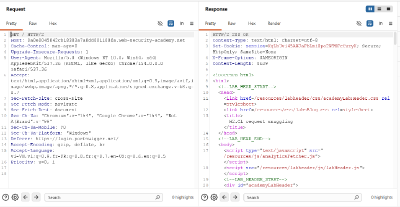 Figure 1: Baseline inspection in Burp Repeater verifying active HTTP/2 communication