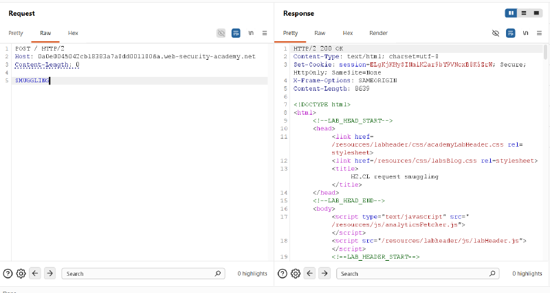Figure 2: Front-end accepts HTTP/2 request with injected Content-Length: 0 header