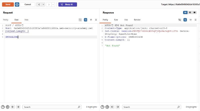 Figure 3: Follow-up request returns HTTP 404 Not Found, confirming H2.CL desynchronization