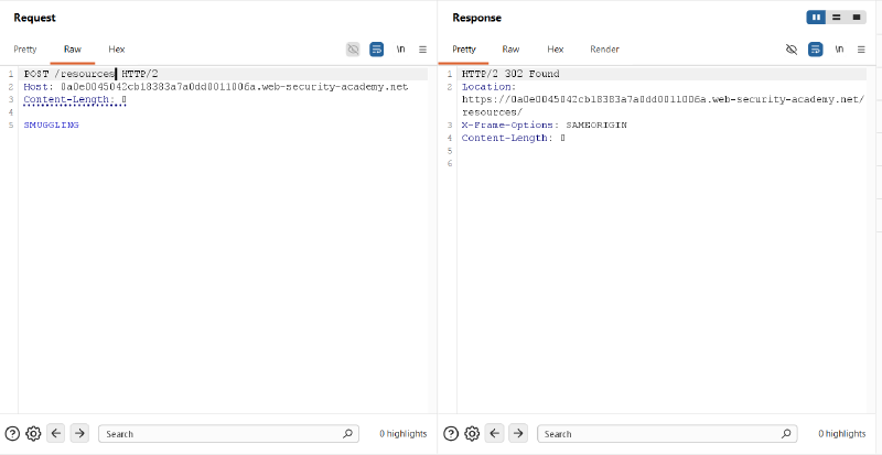 Figure 4: Requesting /resources returns HTTP 302 Found redirecting to /resources/ using Host header