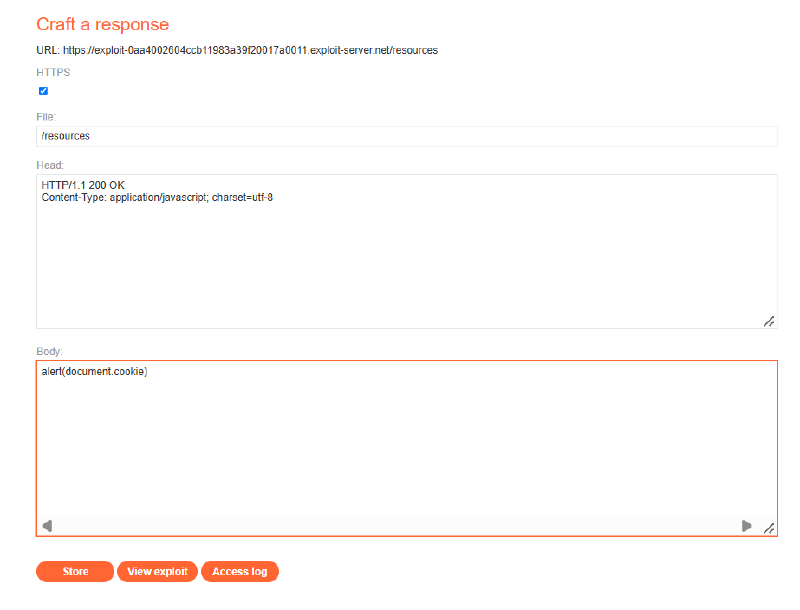 Figure 5: Exploit server configuration hosting alert(document.cookie) at /resources