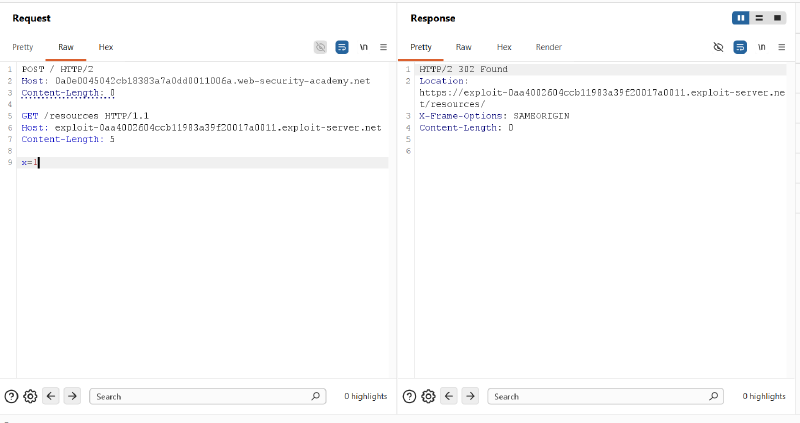 Figure 8: Follow-up probe returns HTTP 302 Found redirecting to the exploit server