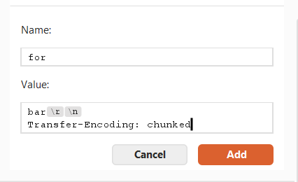 Figure 4: Burp Inspector header editing dialog showing CRLF injection via Shift+Return