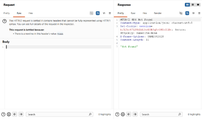 Figure 3: Transmitting kettled HTTP/2 request; server returns 404 for Request #1 while Request #2 poisons the queue