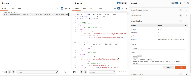 Figure 2: Configuring custom header ’tuan’ with double CRLF injection and secondary GET /x request in Burp Inspector