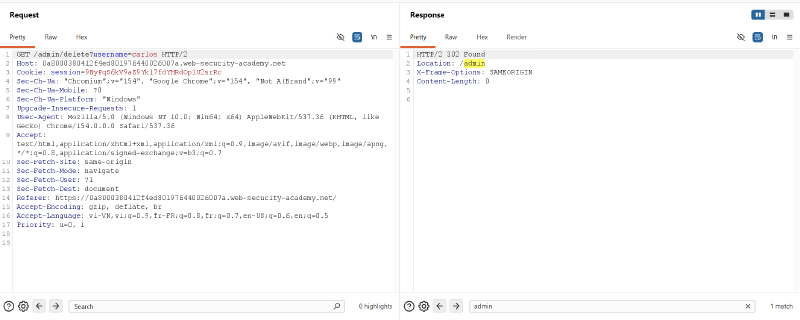 Figure 7: Deleting user Carlos via authenticated GET request returning 302 Found redirect