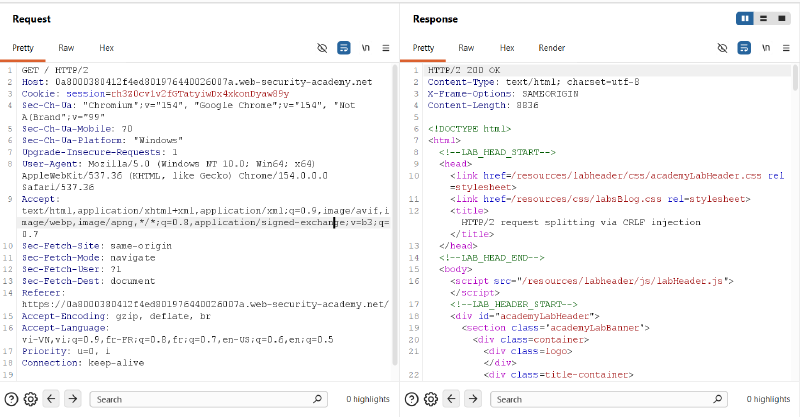 Figure 1: Baseline inspection of the target application homepage over HTTP/2