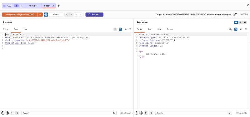 Figure 5: Trigger tab receives HTTP 404 Not Found for /404, definitively proving CL.0 desynchronization