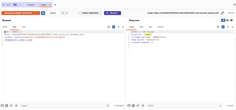 Figure 9: Trigger tab receives HTTP 302 Found redirect, confirming successful deletion of user Carlos