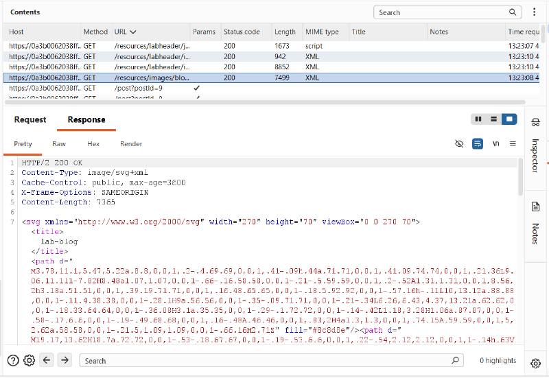 Figure 3: Inspection of HTTP 200 OK response serving static SVG XML data for blog.svg