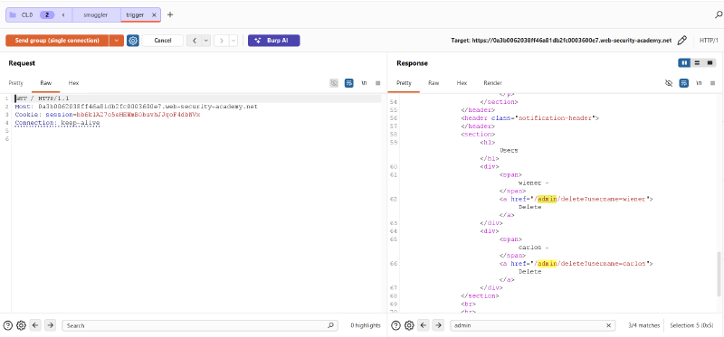 Figure 7: Trigger tab renders administrative portal HTML, bypassing front-end WAF block