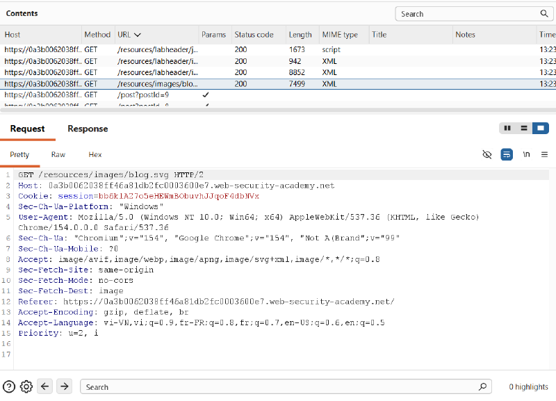 Figure 2: Burp Proxy HTTP history showing browser request for /resources/images/blog.svg