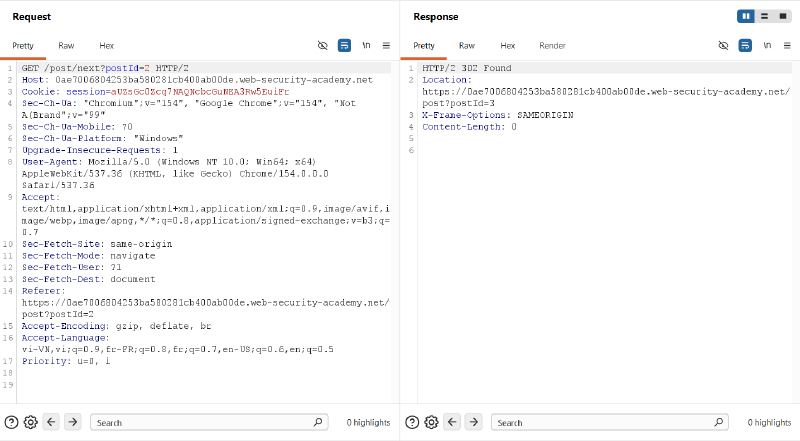 Figure 1: Inspecting the /post/next endpoint returning a 302 redirect dynamically derived from the Host header
