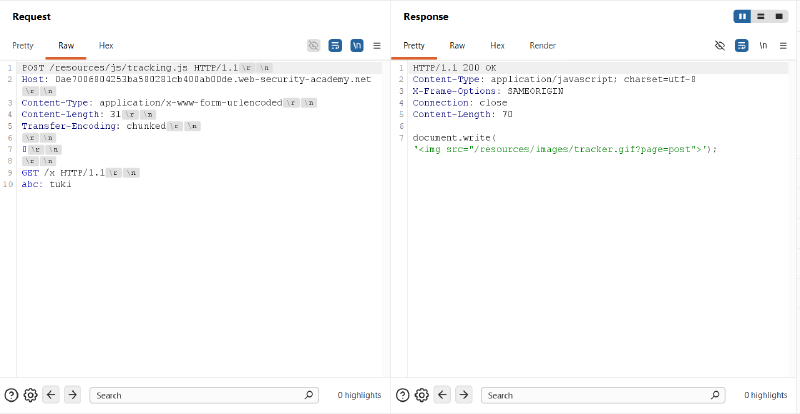 Figure 4: Transmitting CL.TE probe to /resources/js/tracking.js; server returns 200 OK for Request #1