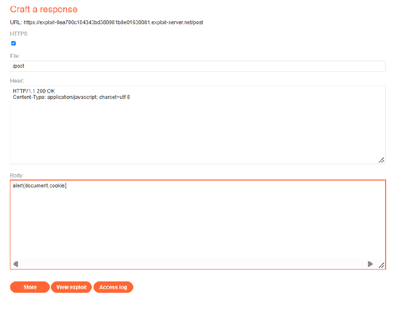 Figure 8: Configuring exploit server to serve alert(document.cookie) under /post with JavaScript MIME type