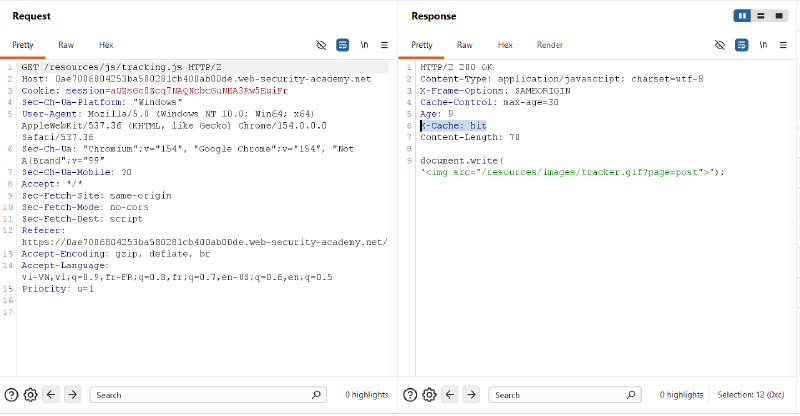Figure 2: Verifying front-end cache behavior on /resources/js/tracking.js with X-Cache: hit and max-age=30