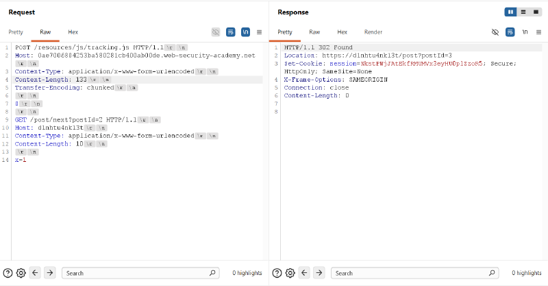 Figure 7: Follow-up request returns 302 Found redirecting to https://dlnhtu4nkl3t/post?postId=3