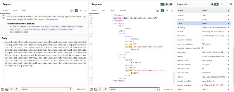 Figure 12: Administrative portal rendered successfully through tunnelled HEAD request