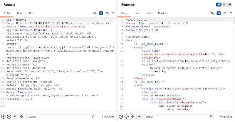 Figure 1: Baseline inspection of target application homepage over HTTP/2