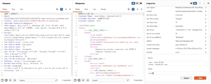 Figure 3: Injecting custom Host header via CRLF inside header name in Burp Inspector