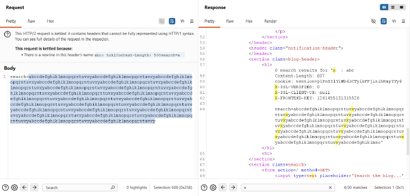 Figure 8: Leaked internal client authentication headers reflected in search results