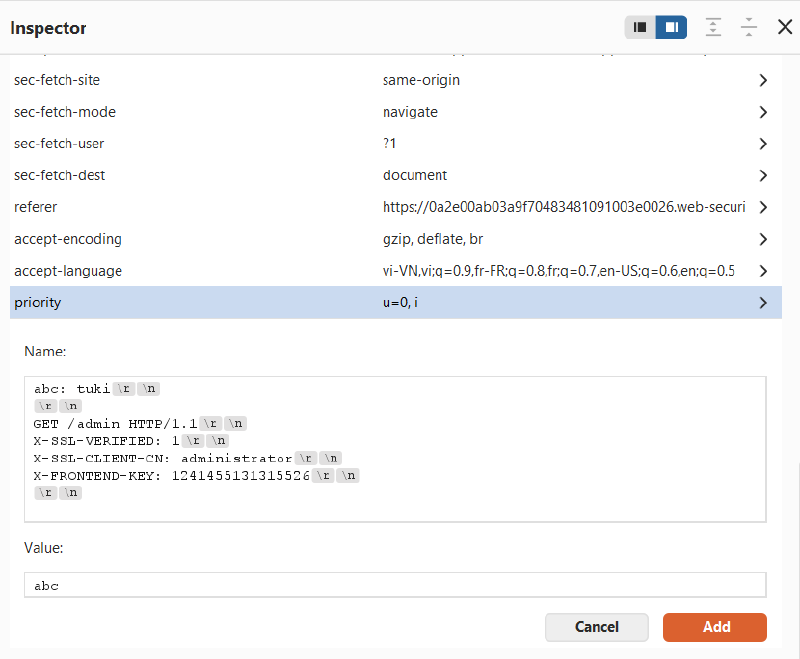 Figure 9: Configuring tunnelled GET /admin request with forged authentication headers