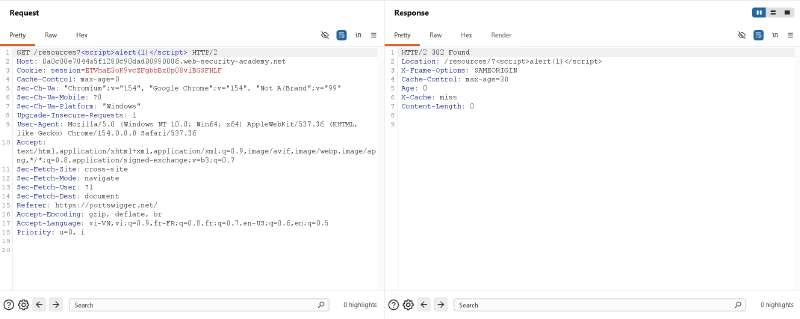 Figure 10: Confirming unescaped XSS payload reflection in Location header