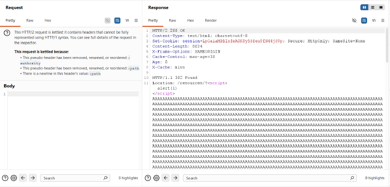 Figure 14: Successful response delivery with nested 302 XSS payload