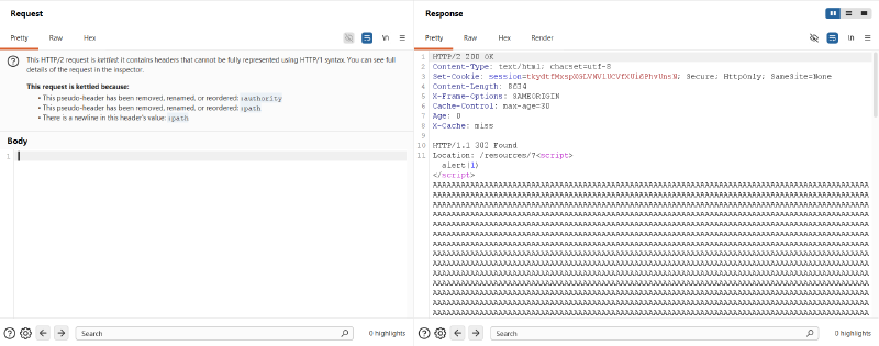 Figure 16: Continuously poisoning homepage cache in Burp Repeater