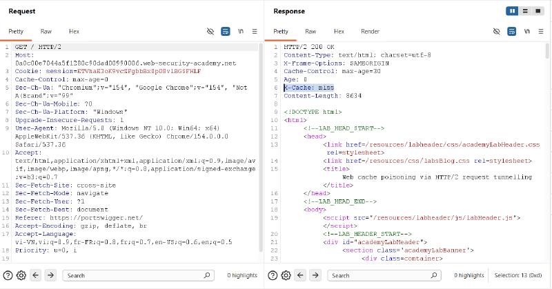 Figure 1: Baseline inspection of target application homepage returning Cache Miss