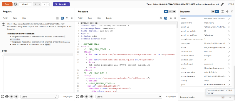 Figure 3: Injecting CRLF into :path pseudo-header using Burp Inspector