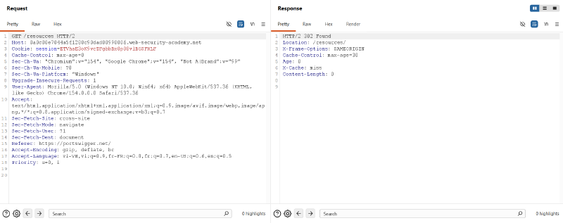 Figure 9: Inspecting 302 Found redirect behavior on /resources