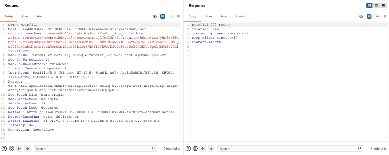 Figure 1: Baseline inspection of target application homepage returning 302 redirect to /en