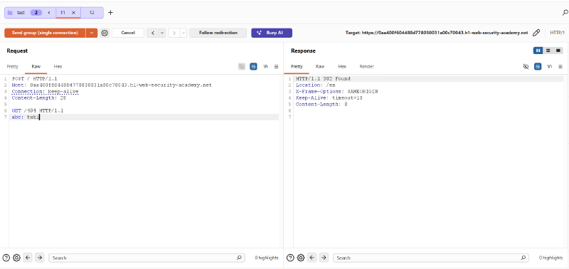 Figure 3: Configuring malicious CL.0 request with smuggled GET /404 prefix in Tab 11