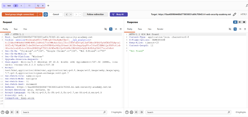 Figure 4: Confirming socket desynchronization with Tab 12 returning 404 Not Found