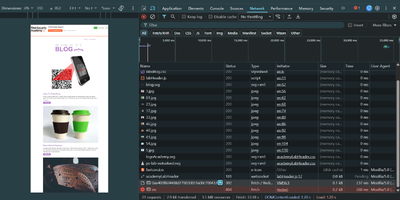 Figure 6: Chrome Network log confirming secondary fetch returned 404 on reused socket