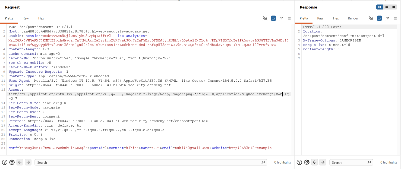 Figure 7: Inspecting parameter structure and CSRF token of comment submission endpoint
