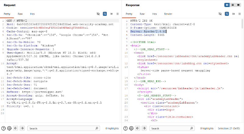 Figure 1: Baseline HTTP/2 response confirming the back-end banner: Server: Apache/2.4.52