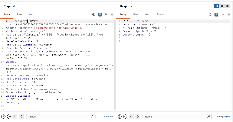 Figure 2: Verifying directory redirect behavior (302 Found, Location: /resource/)