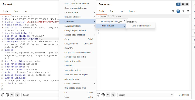 Figure 3: Sending the directory redirect request to Turbo Intruder