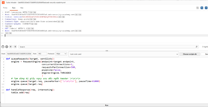 Figure 4: Initial pause-based desynchronization test configured in Turbo Intruder