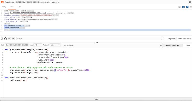 Figure 6: Smuggled request updated with Host: localhost and calculated Content-Length: 41