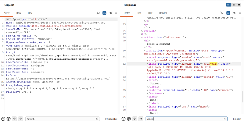 Figure 2: Discovering that the incoming User-Agent header is reflected inside a hidden input field
